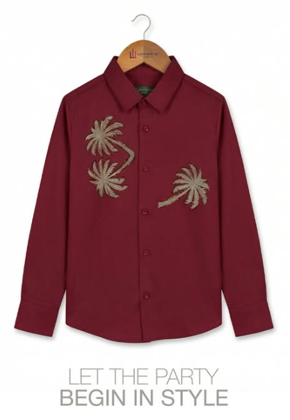Maroon full-sleeve shirt with palm tree embroidery
